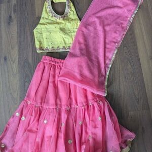Like New Indo Western 3 Piece Pink and Yellow Kids Costume Set